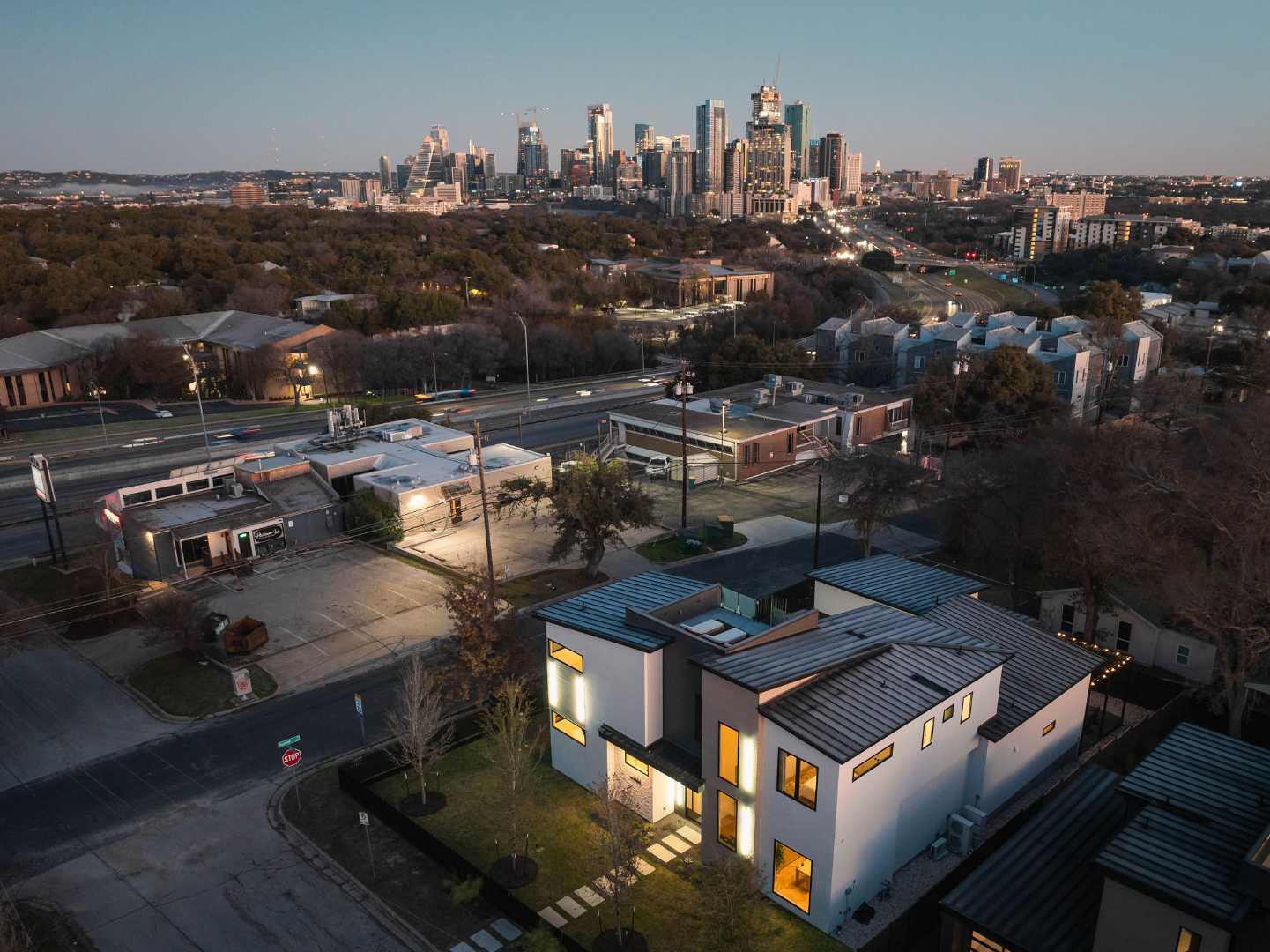 Aerial view of luxury home overlooking downtown Austin. Austin, TX | CKN Homes